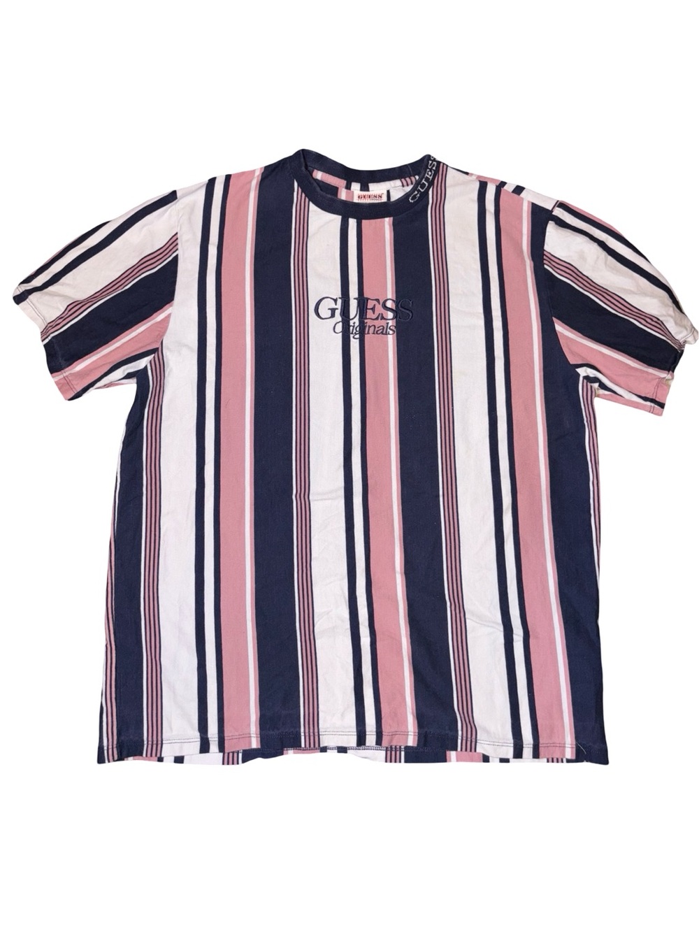 GUESS Originals Striped Embroidered Logo Tee Pink Navy White Size M